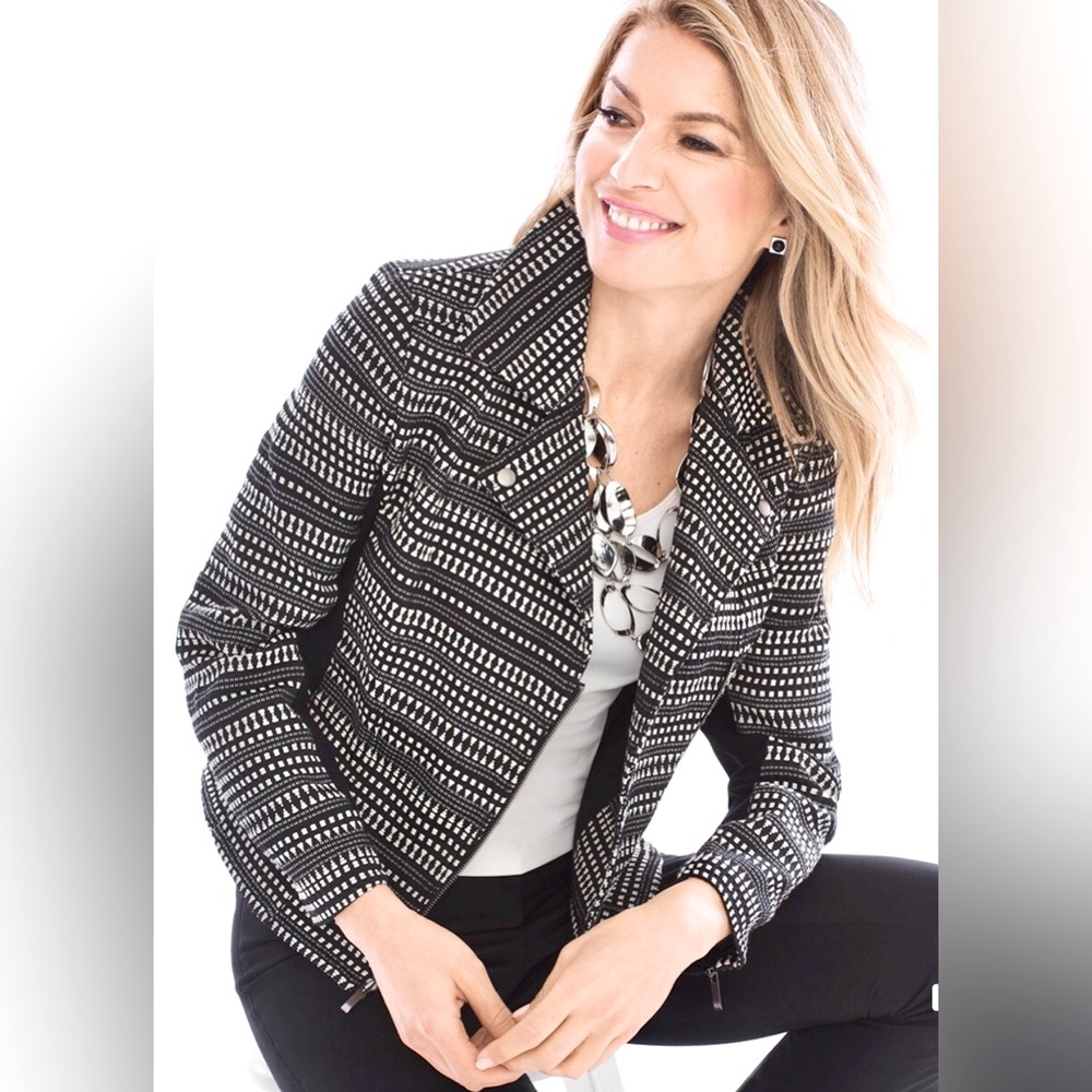 Chico’s Long Sleeve w/ Zipper Stripe Textured Moto Jacket, Black & White, 8/10